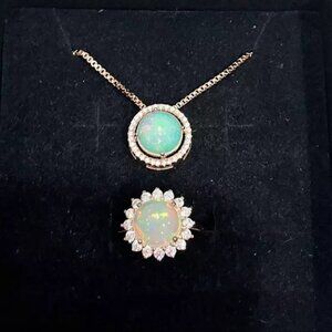 Natural Welo Opal Ring & Necklace Set in Rose Gold Plated .925 - NEW IN BOX